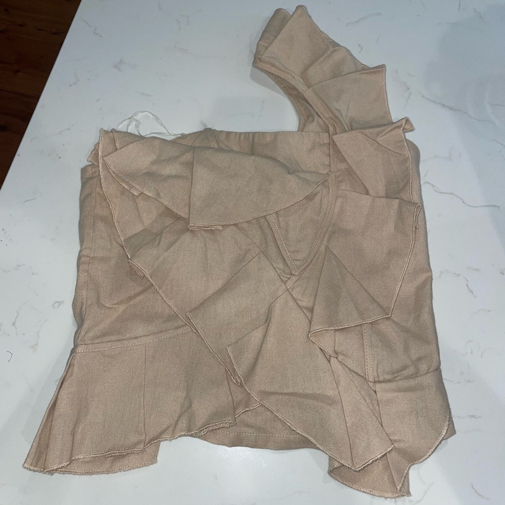 off the shoulder tan ruffled top